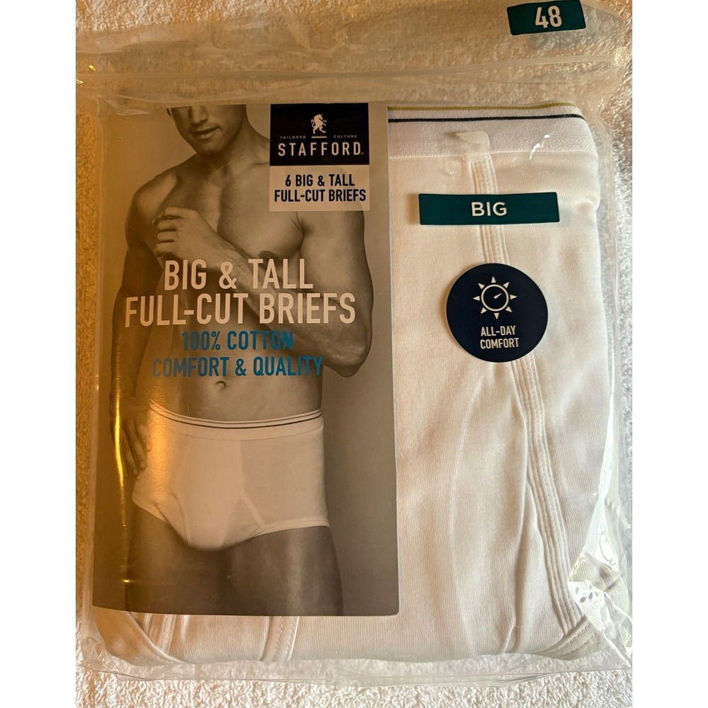 Stafford Men's Big & Tall Full-Cut Briefs White Cotton 6 Pack Size 48
